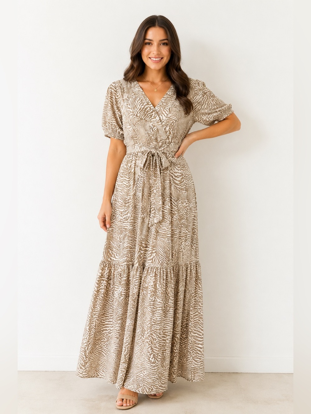 NWT DKNY Beige Zebra-Print Wrap Maxi Dress